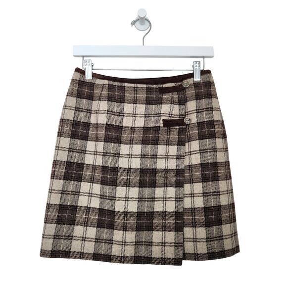 Vintage Y2K GAP Wool Brown Plaid High Waist Mini Wrap Skirt Preppy Academia 4 - Picture 1 of 8